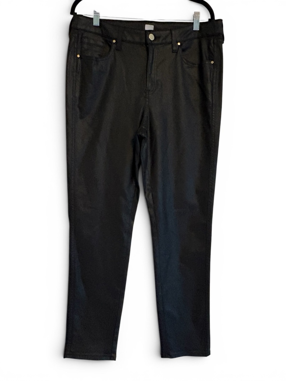 ✨ Chico’s Coated Black Straight Leg Jeans Size 2 (12) Leather Look ✨